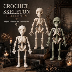 A front-facing crocheted skeleton displays intricate yarn construction from head to toe, with individual crochet rows defining the skull, facial openings, teeth, neck, rib cage, spine, pelvis, fingers, leg bones, knees, and feet. The cream yarn contrasts gently with the white background, allowing the anatomical crochet details and full-body silhouette to remain clearly visible.