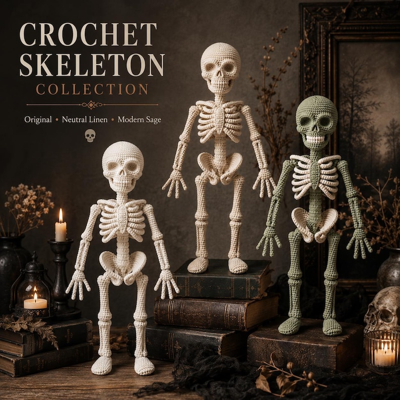 A front-facing crocheted skeleton displays intricate yarn construction from head to toe, with individual crochet rows defining the skull, facial openings, teeth, neck, rib cage, spine, pelvis, fingers, leg bones, knees, and feet. The cream yarn contrasts gently with the white background, allowing the anatomical crochet details and full-body silhouette to remain clearly visible.