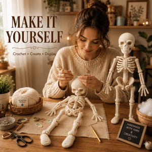 A crocheted skeleton amigurumi in cream yarn is shown in a clean front view with its entire body visible. Distinctive details include the skull and jaw, recessed eye sockets, nose opening, rows of teeth, rib bones, central chest plate, stacked spinal sections, curved pelvic bones, detailed hands, long lower limbs, knee joints, and rounded crocheted feet.