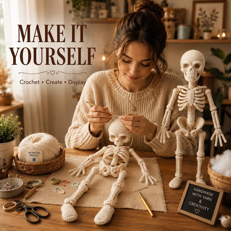 A crocheted skeleton amigurumi in cream yarn is shown in a clean front view with its entire body visible. Distinctive details include the skull and jaw, recessed eye sockets, nose opening, rows of teeth, rib bones, central chest plate, stacked spinal sections, curved pelvic bones, detailed hands, long lower limbs, knee joints, and rounded crocheted feet.