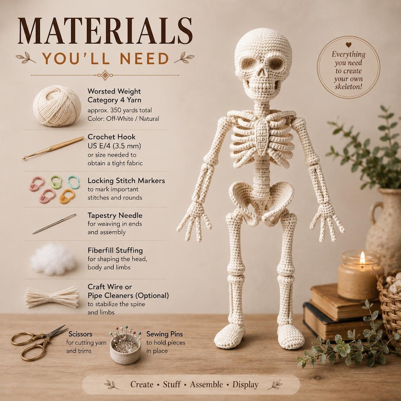Shown standing alone, this crochet skeleton figure combines amigurumi craftsmanship with anatomical skeletal design. The cream crocheted body includes a large skull, narrow neck, open rib cage, central spine, curved pelvis, long arms with separated fingers, elongated legs, joint details, and rounded feet. The straight-on product view provides a clear look at the complete handmade-style construction.