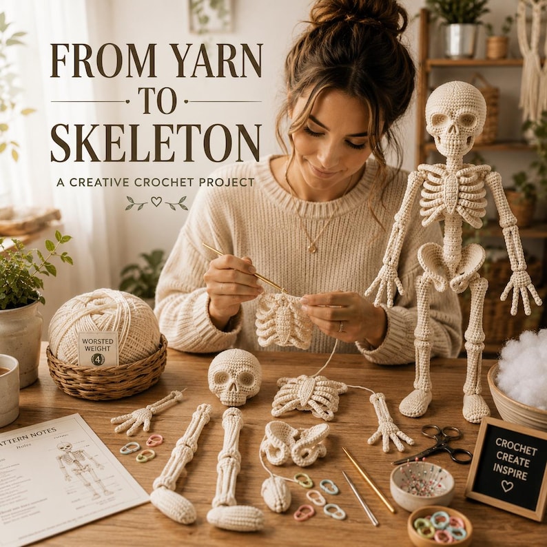 Crochet Skeleton Amigurumi Pattern, Halloween Decor, Gothic DIY (Digital Download)