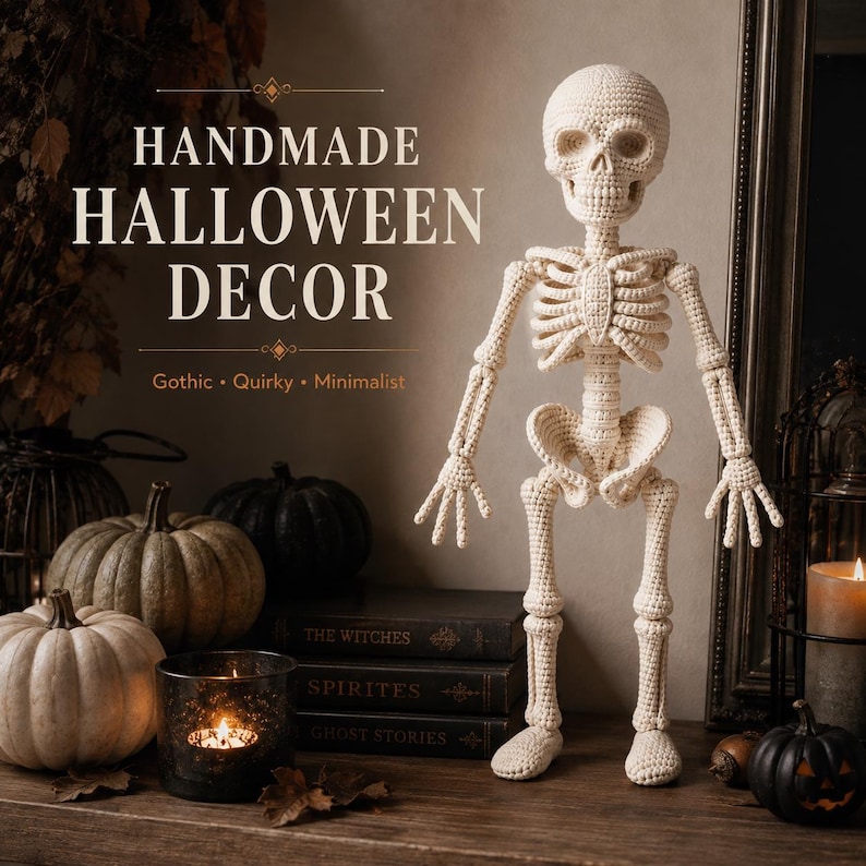 Crochet skeleton amigurumi figure shown full length in soft cream yarn, with a detailed skull, rib cage, spine, pelvis, arms, individual fingers, long legs, knees, and rounded feet. The front-facing design clearly displays skeletal anatomy recreated with crochet stitches, making this a distinctive crocheted skeleton decoration or Halloween-themed amigurumi figure.