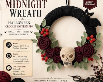 Gothic Halloween Wreath Crochet Pattern PDF, Skull Bat Rose Door Decor