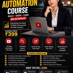 Op de afbeelding: Een digitale advertentie voor een YouTube-automatiseringscursus met de tekst Complete YouTube Automation Course Build Grow Earn On Autopilot. De afbeelding bevat een lijst met cursusonderwerpen, leerdoelen en een Join Now-knop.