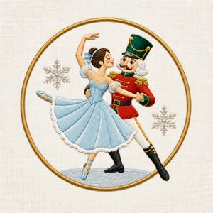 Nötknäpparen balett broderidesign, julballerina maskinbroderi, vinterdansduo, digital stygnfil för högtidsteater
