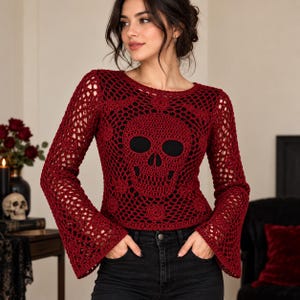 Häkelanleitung für einen Totenkopfpullover (PDF), Gothic-Häkelpullover, Pullover mit Totenkopfmotiv, DIY-Häkelkleidung