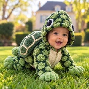 Könnte beinhalten: Ein gehäkeltes Schildkrötenkostüm bestehend aus einem Kapuzen-Einteiler mit strukturiertem grünem Blumenmuster, einem cremefarbenen Bauchbereich und einem abnehmbaren Panzer auf dem Rücken. Die Kapuze hat große weiß-schwarze Augen, während die Ärmel und Beine in abgerundeten, gepolsterten Enden auslaufen, die an Schildkrötenfüße erinnern.