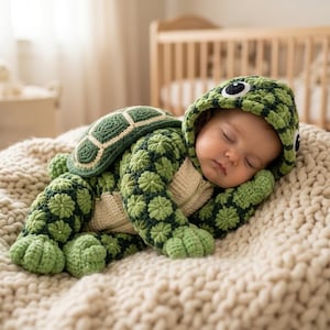 May include: A crochet turtle costume featuring a green textured shell, a hood with black and white eye details, and a cream-colored front panel with a zipper. The outfit is crafted with a floral-like stitch pattern in shades of dark and light green.