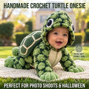 May include: A handmade crochet turtle onesie featuring a green and light green floral-patterned body, a hood with large white and black eyes, and a detachable shell on the back. The garment includes a front zipper and is made of ultra-soft chunky yarn.