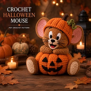 May include: A brown crocheted mouse toy wearing a pumpkin hat, sitting on a crocheted pumpkin with a jack-o'-lantern face. The text CROCHET HALLOWEEN MOUSE PDF CROCHET PATTERN is visible in the upper left corner of the image.