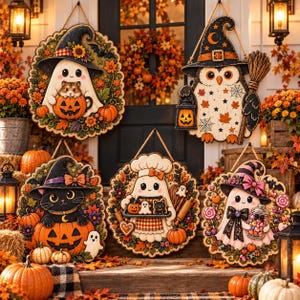 May include: Five decorative wooden wall hangings featuring Halloween themes: a ghost with a hamster in a pumpkin, an owl with a witch hat and lantern, a black cat in a pumpkin, a ghost baker with cookies, and a ghost holding a jar of candy.