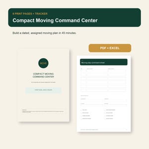 Könnte beinhalten: Ein digitales Umzugsplaner-Set mit einer Titelseite namens Compact Moving Command Center und einem Moving-day command sheet mit Feldern für Aufgaben, Zuweisungen und Checklisten. Das Design zeigt dunkelgrüne Kopfzeilen auf cremefarbenem Grund.