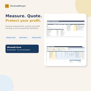 Könnte beinhalten: Ein digitales Produkt namens DeckingMargin, eine Excel-Arbeitsmappe zur Terrassenvermessung, Angebotserstellung und Gewinnverfolgung. Die Benutzeroberfläche zeigt zwei Tabellenansichten mit Spalten für Dateneingabe und Berechnungen.