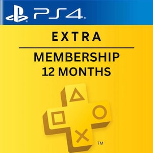 Pode incluir: Um cartão de assinatura PlayStation Plus Extra de 12 meses com fundo amarelo. O design apresenta o logótipo azul da PS4 no topo, o texto preto EXTRA MEMBERSHIP 12 MONTHS e um ícone de sinal de mais amarelo com triângulo, círculo e X.