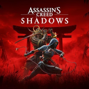 May include: A promotional graphic for Assassin's Creed Shadows featuring a samurai in dark armor wielding a katana and a hooded shinobi holding a kusarigama. The scene is set against a vibrant red background with a torii gate and tall grass.