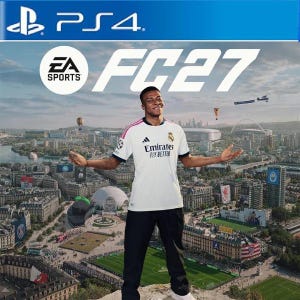 Può includere: Una copertina di videogioco per PS4 intitolata EA Sports FC 27 che mostra un calciatore con una maglia bianca del Real Madrid con dettagli rosa e pantaloni neri, davanti a un paesaggio urbano panoramico con stadi e monumenti cittadini.