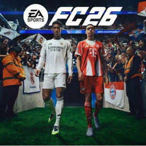 May include: The EA Sports FC 26 video game cover features two football players walking onto a stadium pitch. One player wears a white Real Madrid kit, and the other wears a red and white Bayern Munich kit, surrounded by a crowd in the background.