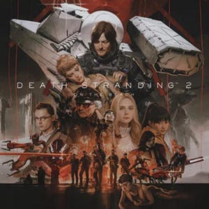 Può includere: Un poster promozionale per Death Stranding 2 On The Beach con una figura maschile centrale in equipaggiamento tattico scuro, circondata da un gruppo eterogeneo di personaggi, tra cui una persona bionda e varie sagome.
