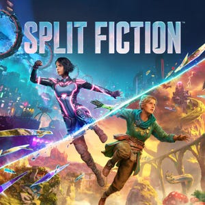 Op de afbeelding: Een digitale illustratie getiteld SPLIT FICTION met twee personages in de lucht. Eén draagt een donker, futuristisch pak met lichtgevende roze accenten, terwijl de ander een groene tuniek en bruine broek draagt in een fantasie-omgeving.