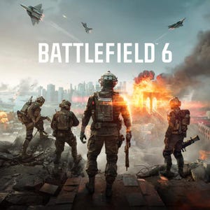 Pode incluir: Uma ilustração digital intitulada BATTLEFIELD 6 apresentando quatro soldados com equipamento tático em uma borda coberta de escombros, com vista para uma cidade sob ataque, caças e grandes explosões ao fundo.