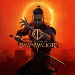 May include: A digital illustration featuring a character with long hair tied back, holding a sword horizontally. The text THE BLOOD OF DAWNWALKER is centered. The background is a vibrant orange with a glowing circular halo and mountain silhouettes.