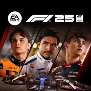 Può includere: La copertina del videogioco F1 25 presenta il logo EA Sports, il titolo F1 25 e un badge di prodotto con licenza Formula 1. Tre piloti sono raffigurati sopra le rispettive auto da corsa di Formula 1 con livree arancione, blu e nera.