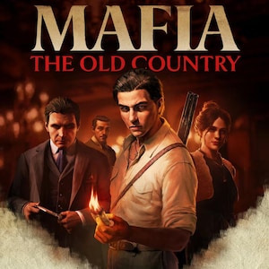 Peut inclure: Une image promotionnelle pour le jeu vidéo Mafia: The Old Country montrant quatre personnages. Une figure centrale tient une allumette allumée, entourée d'autres personnes. Le titre MAFIA THE OLD COUNTRY est écrit en grandes lettres blanches et rouges.