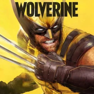 Può includere: Un'illustrazione digitale del personaggio Wolverine che indossa una maschera e una tuta gialla e nera. Il personaggio ha una barba castana, denti scoperti e tre lunghi artigli metallici affilati che sporgono dalla mano destra. La parola WOLVERINE è stampata in grassetto nero in alto su uno sfondo giallo brillante.