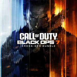 Può includere: Una copertina del videogioco Call of Duty Black Ops 7 Cross-Gen Bundle con il volto di una persona parzialmente oscurato da un'arma. L'immagine è divisa verticalmente con toni blu a sinistra e arancioni a destra, con strisce di luce verticali.