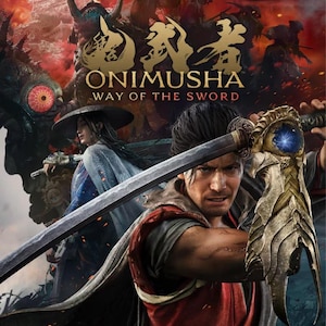 以下が含まれることがあります： 「Onimusha Way of the Sword」のプロモーションポスター。中央の人物が装飾された青く光る柄の刀を構えている。背後にはつばの広い帽子を被った人物が立ち、背景は暗く、炎に包まれた混沌とした様子が描かれている。