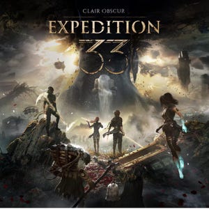 May include: A digital illustration titled Clair Obscur Expedition 33 featuring five figures in a dark, atmospheric landscape. The text Expedition 33 is centered above a large, monolithic structure with a waterfall, surrounded by floating debris.