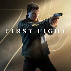May include: A digital illustration of a person with short dark hair wearing a dark jacket, holding a black handgun with both hands. The text 007 and FIRST LIGHT appear in white against a dark, golden-toned background with subtle geometric lines.