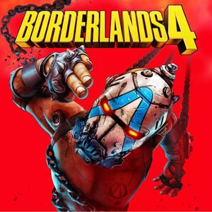 Puede incluir: Un gráfico promocional de Borderlands 4 que muestra a un personaje con un casco blanco y azul con ojos rojos brillantes. El personaje tiene guantes con púas y está rodeado de pesadas cadenas de metal sobre un fondo rojo vibrante.