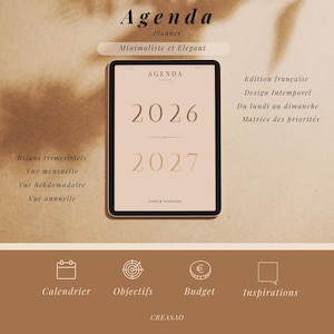 Peut inclure: Une tablette numérique affichant un agenda 2026 et 2027 sur une interface beige. L'écran présente le texte Agenda, 2026, 2027 et LookUp Creations. En dessous, quatre icônes représentent un calendrier, des cibles, un symbole euro et une bulle.