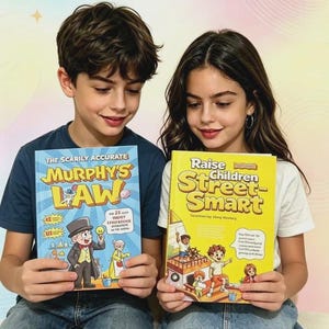 May include: Two books with illustrated covers. The left book is light blue with the title The Scarily Accurate Murphy's Law and a cartoon man in a top hat. The right book is yellow with the title Raise Children Street-Smart and a cartoon ship.