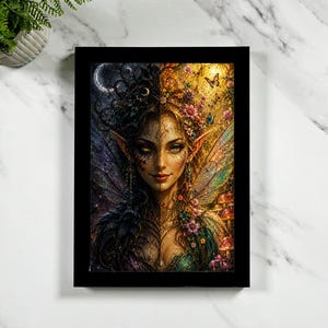 May include: A framed wall art print featuring a split-face fairy character. The left side displays a dark, nocturnal theme with a crescent moon, while the right side shows a bright, floral daylight theme with butterflies and mushrooms.
