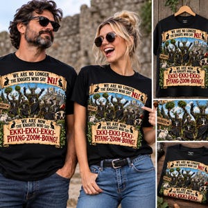 May include: A black t-shirt featuring a graphic print with the text "We are no longer the knights who say Ni!" and "We are now the knights who say Ekki-Ekki-Ekki-Pitang-Zoom-Boing!" alongside illustrations of armoured figures, rabbits, and a castle.
