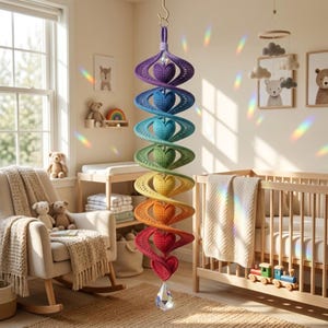 Op de afbeelding: Een hangende spiraalmobiel met een verticale reeks gehaakte harten in een regenboogverloop van paars, blauw, turquoise, groen, geel, oranje en rood. De mobiel hangt aan een haak en is aan de onderkant afgewerkt met een helder kristallen prisma.