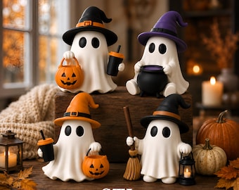 May include: Four white ghost figurines wearing witch hats in black, purple, and orange. The ghosts hold various Halloween items including orange jack-o'-lantern buckets, black cups, a black cauldron, a broom, and a small lantern. Text reads STL.
