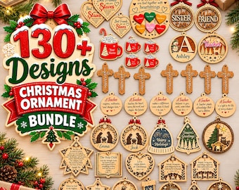 May include: A collection of wooden Christmas ornaments featuring various shapes including hearts, circles, stars, and crosses. Designs include nativity scenes, holiday motifs, and text such as Best Friends, Teacher, and scripture verses.
