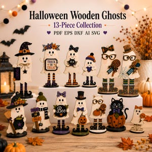 May include: A 13-piece collection of Halloween wooden ghosts featuring various designs, including ghosts with hats, glasses, pumpkins, and signs reading Trick or Treat and Boo. The set includes digital files in PDF, EPS, DXF, AI, and SVG formats.