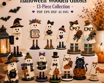 Puede incluir: Una colección de 13 fantasmas de madera para Halloween con varios diseños, incluyendo fantasmas con sombreros, gafas, calabazas y letreros que dicen Trick or Treat y Boo. El set incluye archivos digitales en formatos PDF, EPS, DXF, AI y SVG.