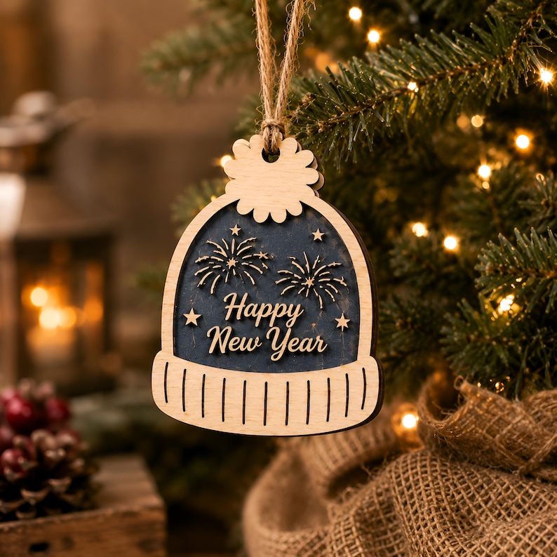 Op de afbeelding: Een houten ornament in de vorm van een wintermuts met een pompon, voorzien van een donkerblauw middenpaneel met gegraveerd vuurwerk, sterren en de tekst Happy New Year in wit schrift, opgehangen aan een bruin touwtje.