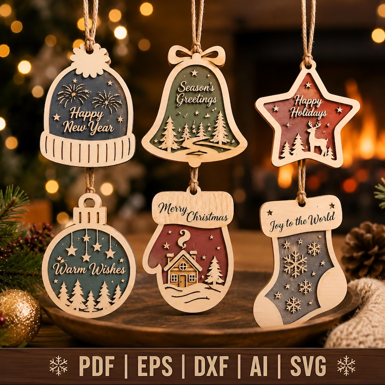 Op de afbeelding: Zes houten kerstornamenten hangend aan touwtjes. De vormen omvatten een muts met 'Happy New Year', een bel met 'Season's Greetings', een ster met 'Happy Holidays', een ronde bal met 'Warm Wishes', een want met 'Merry Christmas' en een kous met 'Joy to the World'.
