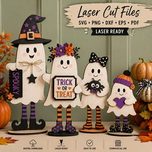 Könnte beinhalten: Vier hölzerne Geisterdekorationen mit Halloween-Motiven. Die Geister tragen Hüte, Blumen, Schleifen und Schilder mit der Aufschrift SPOOKY und TRICK OR TREAT. Sie haben gestreifte Beine und stehen auf runden Sockeln. Text oben: Laser Cut Files.