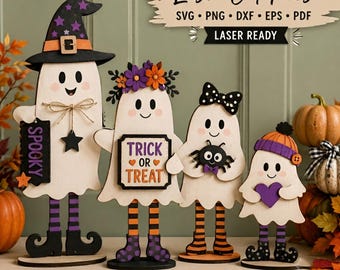 May include: Four wooden ghost decorations with Halloween themes. The ghosts feature hats, flowers, bows, and signs reading SPOOKY and TRICK OR TREAT. They have striped legs and stand on circular bases. Text at the top reads Laser Cut Files.