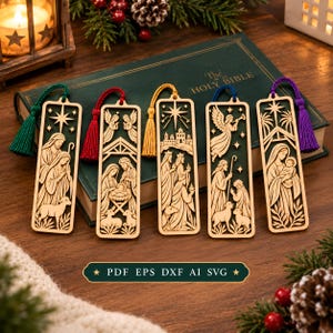 May include: Five rectangular wooden bookmarks featuring intricate laser-cut nativity scenes, each topped with a colourful silk tassel in green, red, gold, blue, or purple. The designs depict figures like the Holy Family, angels, and wise men.