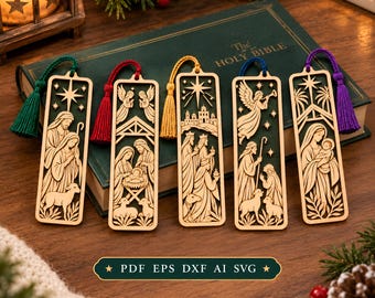 May include: Five rectangular wooden bookmarks featuring intricate laser-cut nativity scenes, each topped with a colorful silk tassel in green, red, gold, blue, or purple. The designs depict figures like the Holy Family, angels, and wise men.