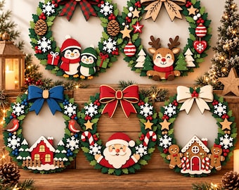 May include: Five circular Christmas wreaths featuring green foliage, bows, and holiday icons including penguins, a reindeer, a house, Santa Claus, and gingerbread figures. The text SVG, AI, EPS, DXF, PDF is displayed at the bottom.